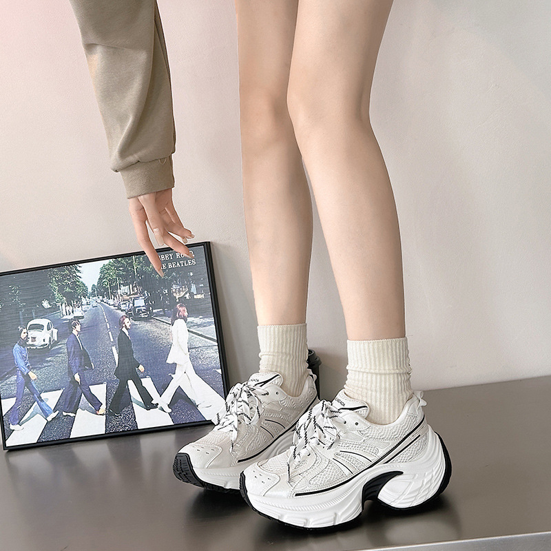 Ženske tenisice Dad Shoes s dvostrukim gornjim dijelom od prave kože i mrežaste podloge, okrugli vrh, platforma 6–8 cm, prozračne svakodnevne tenisice