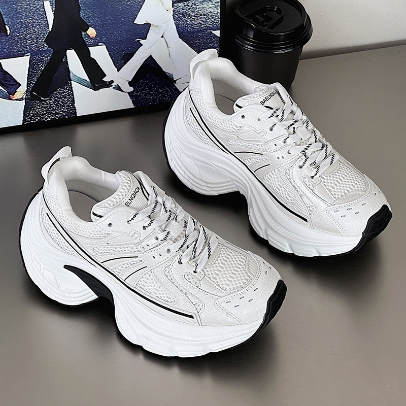 Ženske tenisice Dad Shoes s dvostrukim gornjim dijelom od prave kože i mrežaste podloge, okrugli vrh, platforma 6–8 cm, prozračne svakodnevne tenisice