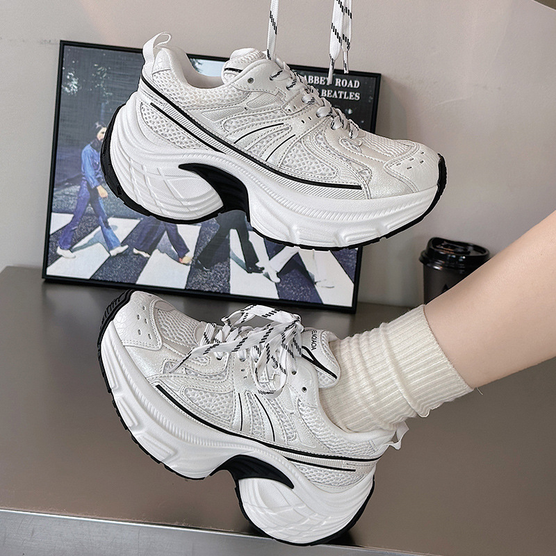 Ženske tenisice Dad Shoes s dvostrukim gornjim dijelom od prave kože i mrežaste podloge, okrugli vrh, platforma 6–8 cm, prozračne svakodnevne tenisice