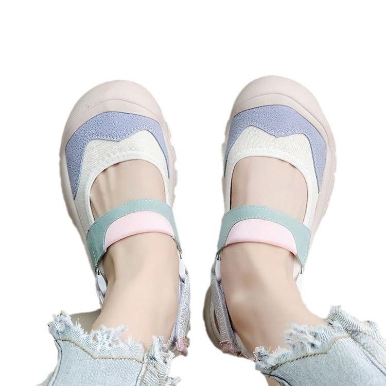 Sieviešu Velcro sandales ar apaļu purnu, auduma augšdaļa, gumijas zole, koledžas stilā, Velcro aizdare