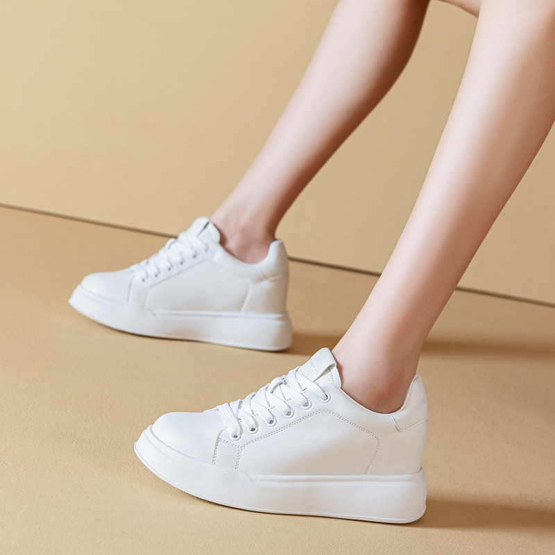Casual Little White Shoes (Debeli đon, Povišavajuća visina pete 6–8 cm, Gornji dio: koža goveda, Uložak PU, Zatvaranje šnirmama)