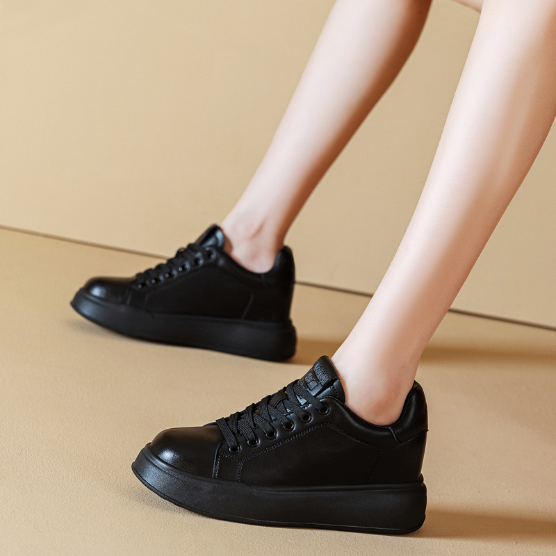 Casual Little White Shoes (Debeli đon, Povišavajuća visina pete 6–8 cm, Gornji dio: koža goveda, Uložak PU, Zatvaranje šnirmama)