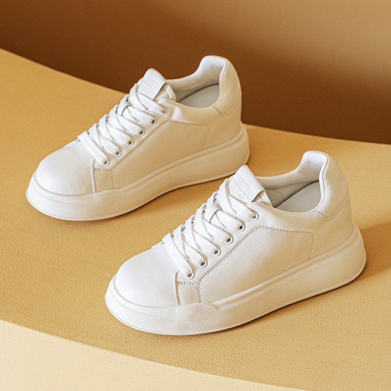 Casual Little White Shoes (Debeli đon, Povišavajuća visina pete 6–8 cm, Gornji dio: koža goveda, Uložak PU, Zatvaranje šnirmama)
