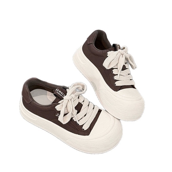 Koreai stílusú, valódi bőrből készült retro vastag talpú női sneakerek, kerek orr, előre fűzővel, 3–5 cm sarka