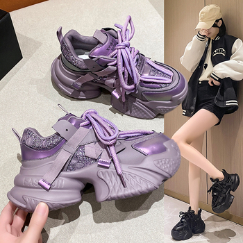 Ženske sportske tenisice s debelom platformom, visokim gornjim dijelom (3–7 cm), okrugli vrh, umjetna koža + tekstil, vezanje, PU potplat