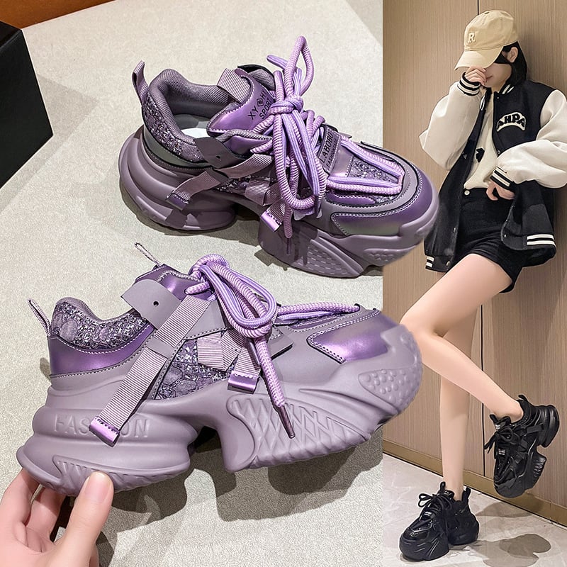 Ženske sportske tenisice s debelom platformom, visokim gornjim dijelom (3–7 cm), okrugli vrh, umjetna koža + tekstil, vezanje, PU potplat