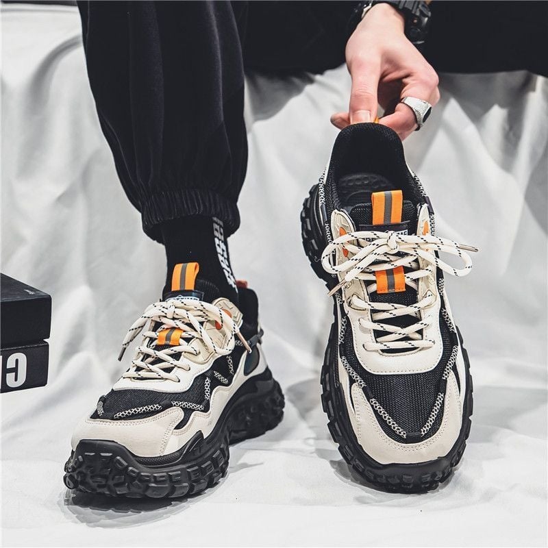 Muške tenisice Dad Shoes: prozračni mreasti gornji dio, gumena potplata, vezanje na vezice, protuklizne, debela potplata 3–5 cm