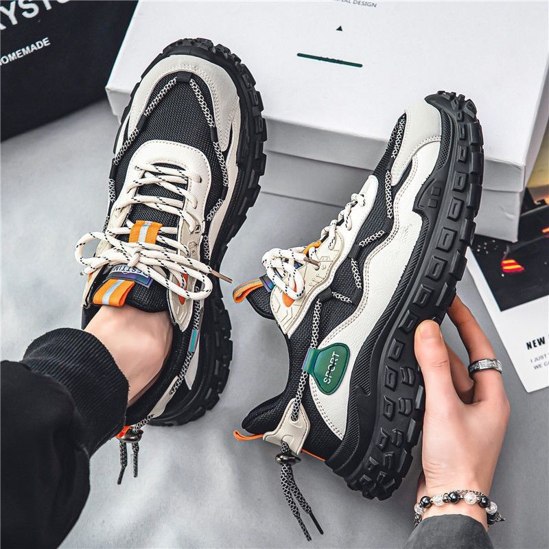 Muške tenisice Dad Shoes: prozračni mreasti gornji dio, gumena potplata, vezanje na vezice, protuklizne, debela potplata 3–5 cm