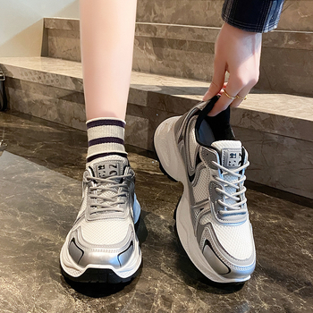 Ženske tenisice s debelom potplatom stila dad shoes, PU gornji dio, okrugli vrh, vezanje, gumena potplat