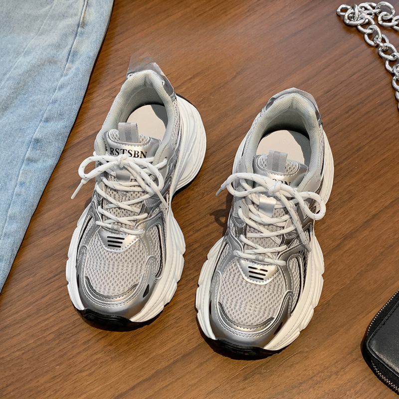 Ženske tenisice dad shoes - Casual tenisice s gornjim dijelom od mikrovlakna, niski kroj, platforma s debelim potplatom, vezanje šnurama, gumena potplata