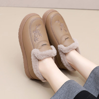 Pantofi de iarnă slip-on pentru femei, cu căptușeală plușată, partea superioară din piele sintetică, talpă PVC, toc plat