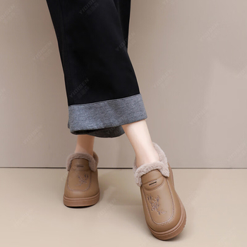 Pantofi de iarnă slip-on pentru femei, cu căptușeală plușată, partea superioară din piele sintetică, talpă PVC, toc plat