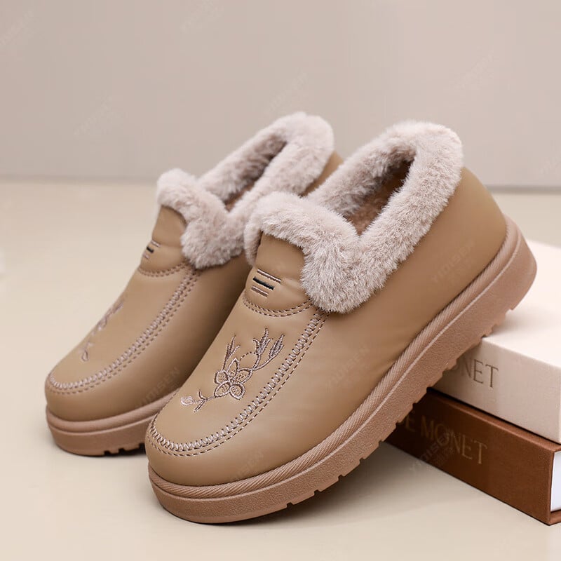 Pantofi de iarnă slip-on pentru femei, cu căptușeală plușată, partea superioară din piele sintetică, talpă PVC, toc plat