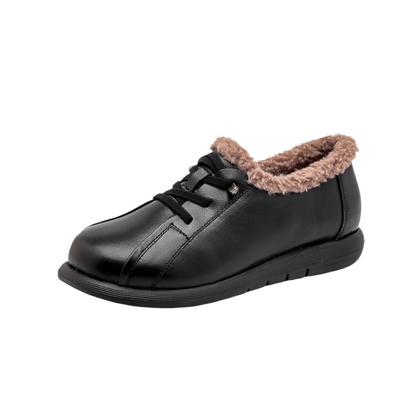 Pantofi femei de iarnă casual, încălziți — talpă antiaderentă, deschidere profundă peste 11 cm, toc mic plat; partea superioară: piele de vită de primă mână, căptușeală din lână, branț velur din lână de oaie.