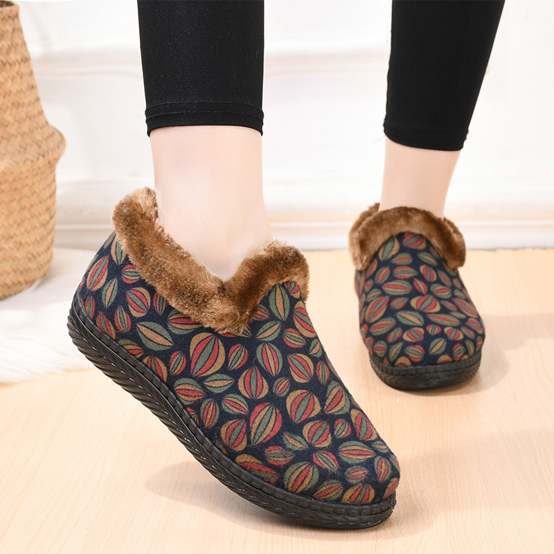 Pantofi de iarnă pentru femei din bumbac, cu căptușeală de fleece (partea superioară din velur, talpă din cauciuc, slip-on)