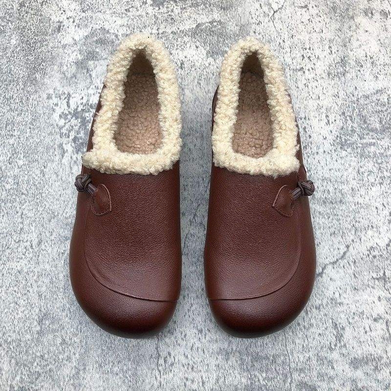 Pantofi femei din piele microfibră, Slip-On, talpă plată, căptușeală din fleece, vârf în formă de pește, gât mediu, talpă TPR