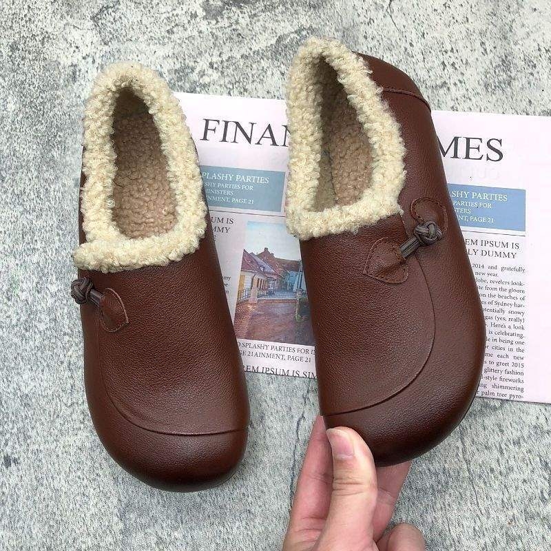 Pantofi femei din piele microfibră, Slip-On, talpă plată, căptușeală din fleece, vârf în formă de pește, gât mediu, talpă TPR