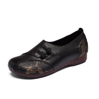 Pantofi dama în stil etnic, cu talpă plată, talpă moale antiderapantă, închidere cu cataramă, partea superioară din piele de vită