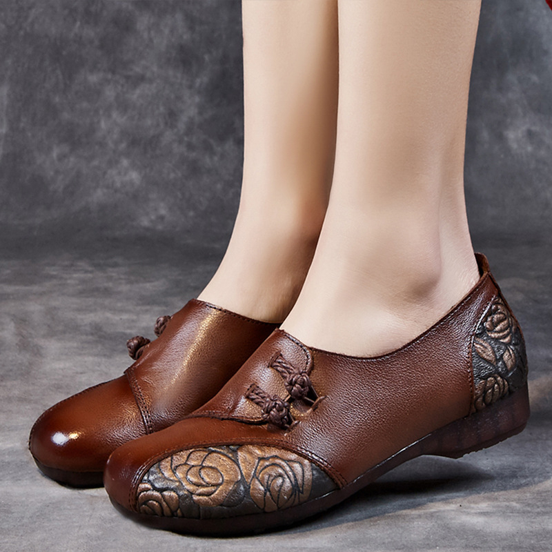 Pantofi dama în stil etnic, cu talpă plată, talpă moale antiderapantă, închidere cu cataramă, partea superioară din piele de vită