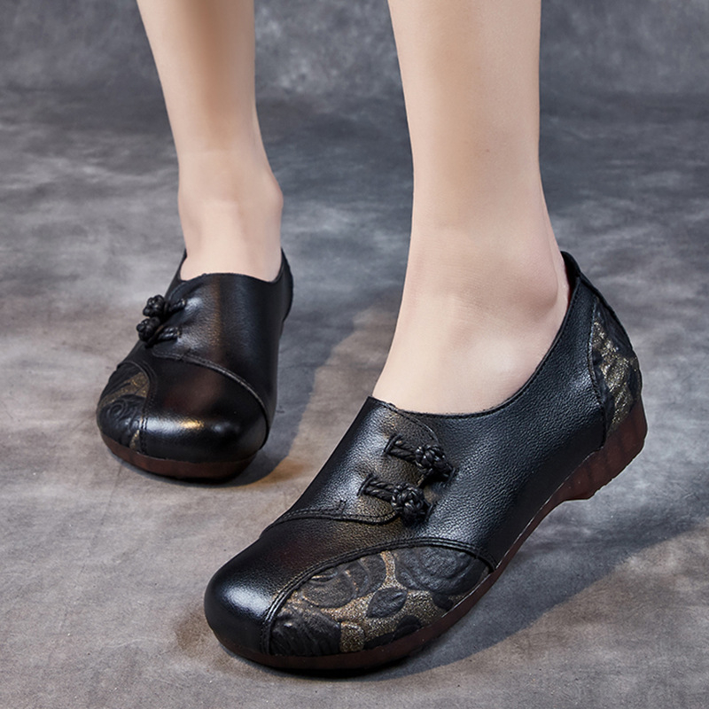 Pantofi dama în stil etnic, cu talpă plată, talpă moale antiderapantă, închidere cu cataramă, partea superioară din piele de vită