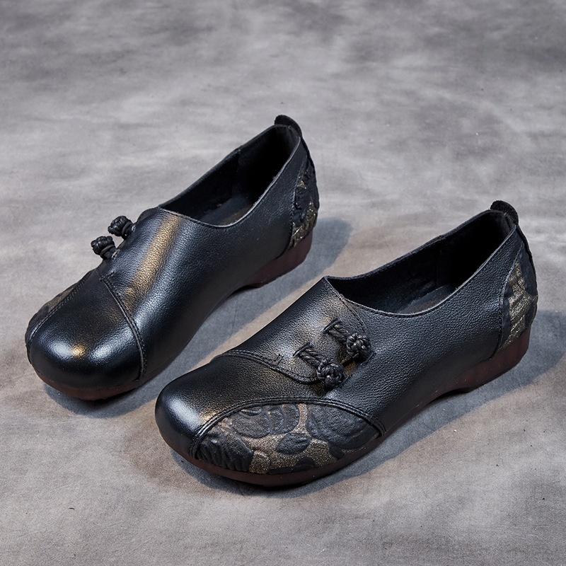 Pantofi dama în stil etnic, cu talpă plată, talpă moale antiderapantă, închidere cu cataramă, partea superioară din piele de vită