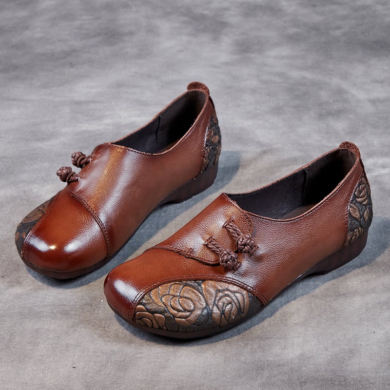 Pantofi dama în stil etnic, cu talpă plată, talpă moale antiderapantă, închidere cu cataramă, partea superioară din piele de vită