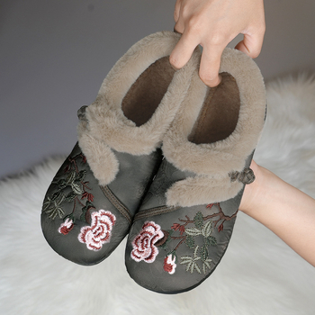 Damske pamukne slip-on cipele s PU potplatom, cvjetna izvezba, okrugli vrh, niski potplat 1–3 cm, zimsko izdanje 2024