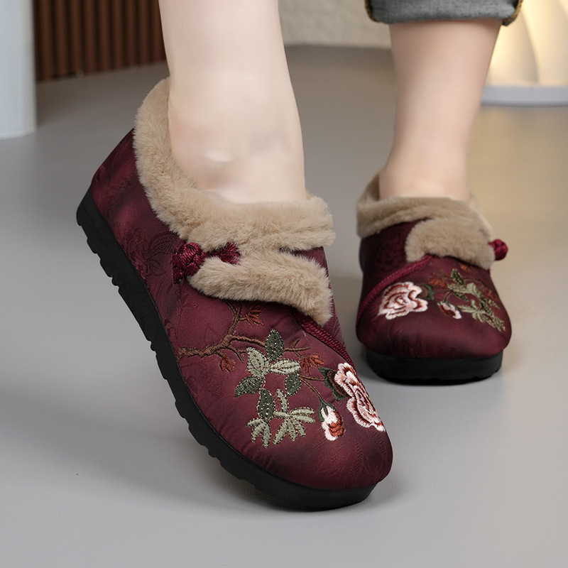 Damske pamukne slip-on cipele s PU potplatom, cvjetna izvezba, okrugli vrh, niski potplat 1–3 cm, zimsko izdanje 2024
