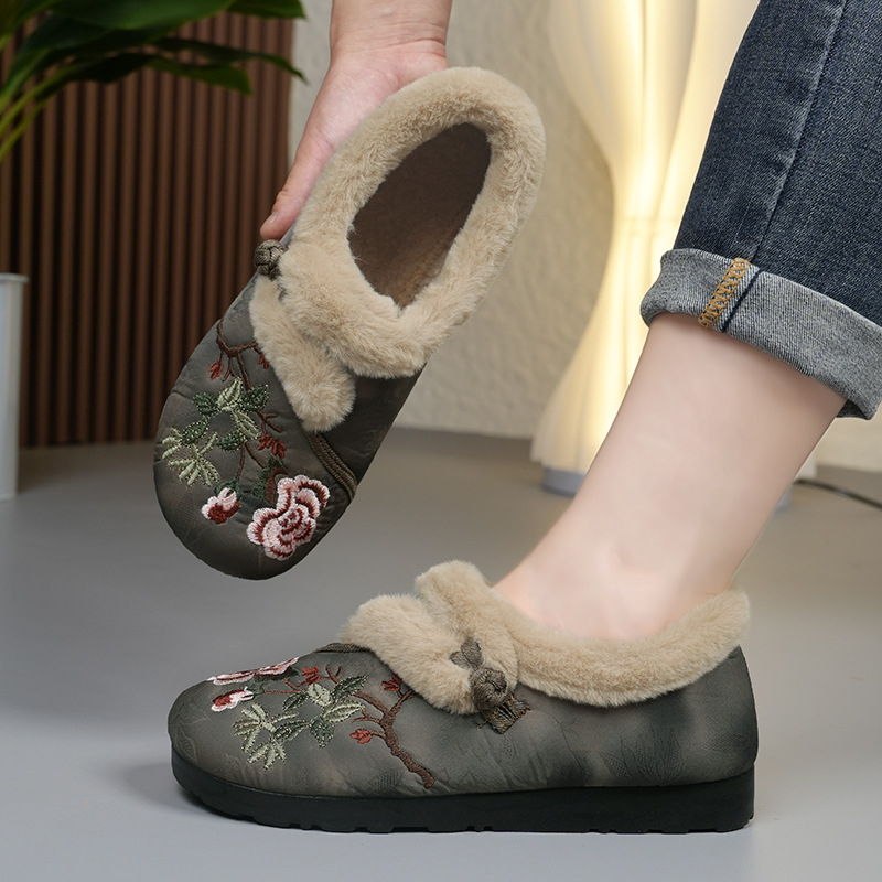Damske pamukne slip-on cipele s PU potplatom, cvjetna izvezba, okrugli vrh, niski potplat 1–3 cm, zimsko izdanje 2024
