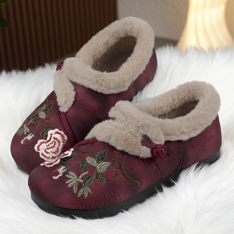 Damske pamukne slip-on cipele s PU potplatom, cvjetna izvezba, okrugli vrh, niski potplat 1–3 cm, zimsko izdanje 2024