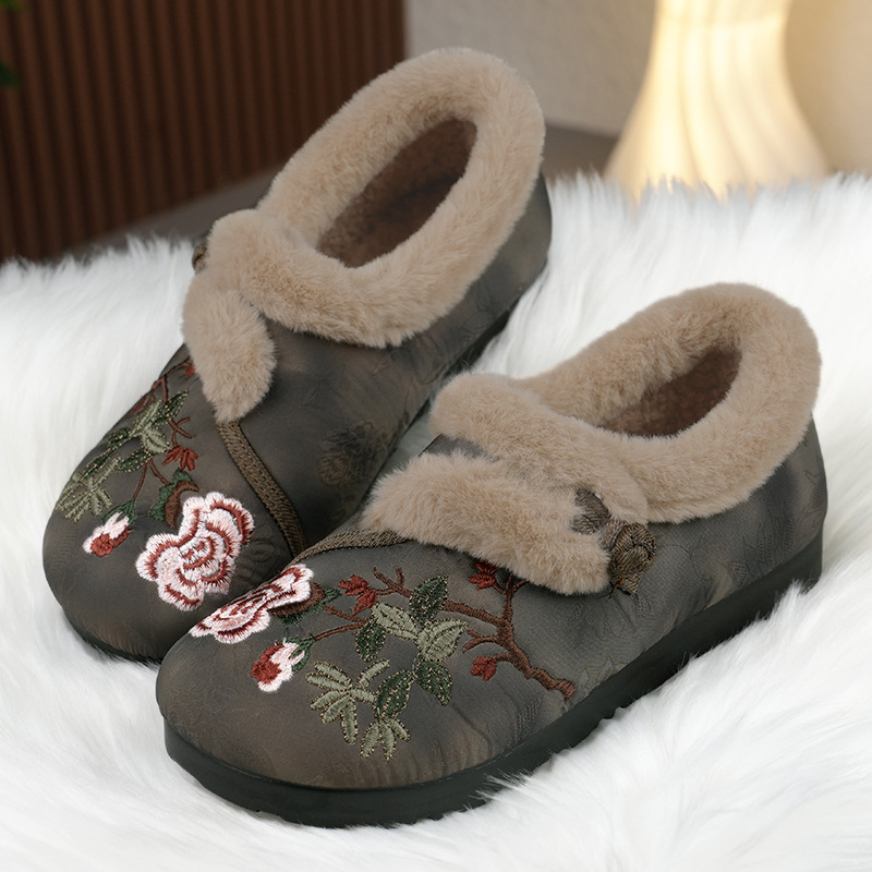 Damske pamukne slip-on cipele s PU potplatom, cvjetna izvezba, okrugli vrh, niski potplat 1–3 cm, zimsko izdanje 2024