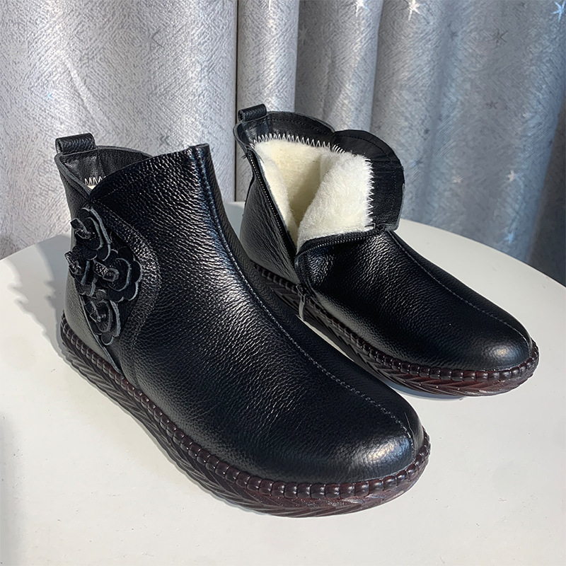 Ženske kožne zimske čizme s vunom – visok vrat, bočni zip, niska potpetica (1–3 cm)