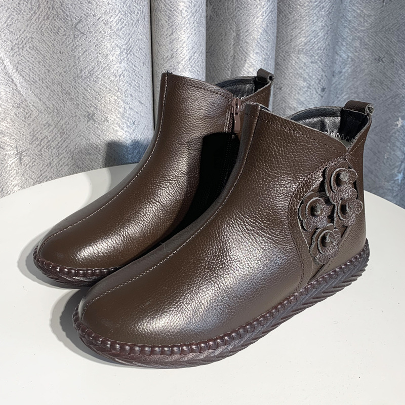Ženske kožne zimske čizme s vunom – visok vrat, bočni zip, niska potpetica (1–3 cm)