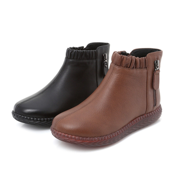 Ženske kožne zimske gležnjače s vunenom podstavom, bočni zip, ravna peta, okrugli vrh