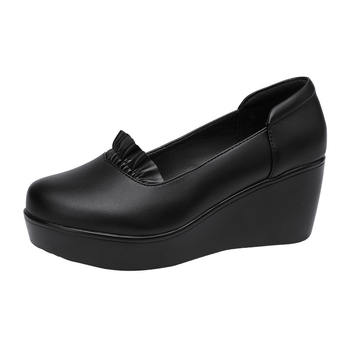 Ženske Slip-On cipele s okruglim vrhom, mekana podstava, gornji dio: split koža, potplat PU, klinični potpet 6–8 cm, svakodnevna obuća za žene srednje dobi i starije dobi