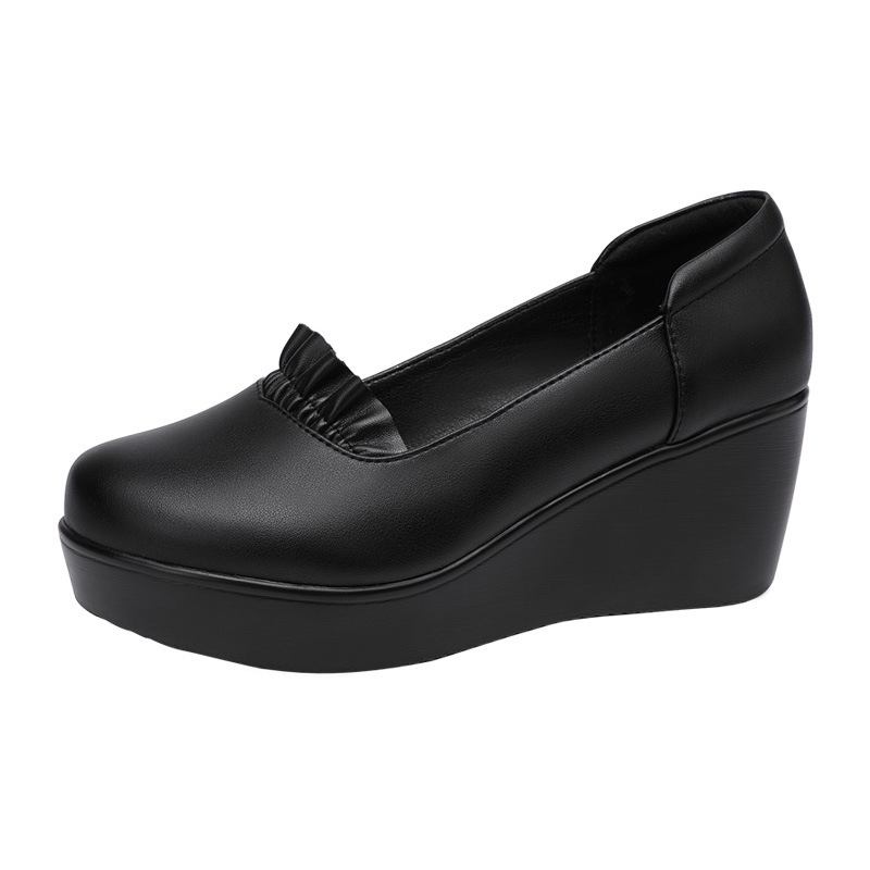 Ženske Slip-On cipele s okruglim vrhom, mekana podstava, gornji dio: split koža, potplat PU, klinični potpet 6–8 cm, svakodnevna obuća za žene srednje dobi i starije dobi
