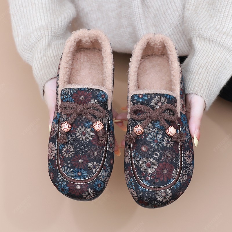 Zimske ženske pletene cipele, tople i ugodne za kožu, slip-on, PVC potplat protiv klizanja, tekstilni gornji dio s cvjetnim uzorkom