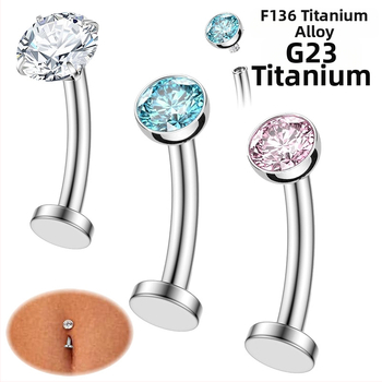 Nabas gredzens ar plakanu dibenu un izliektu stieni, cirkonija ielikums, titāna G23 materiāls