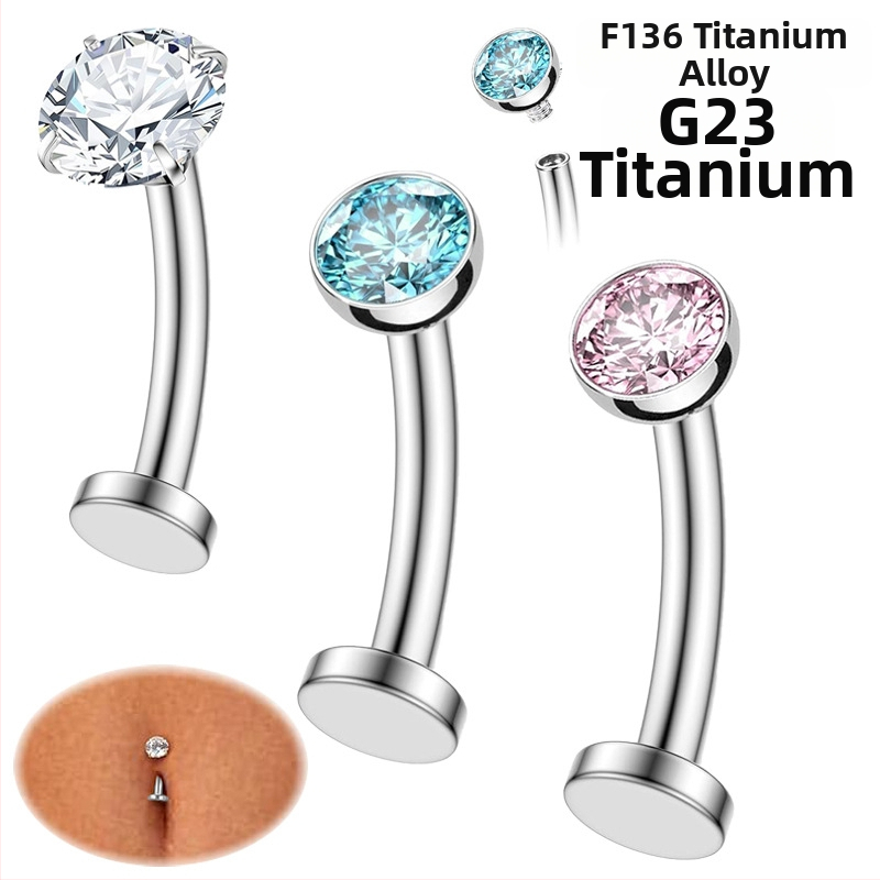 Nabas gredzens ar plakanu dibenu un izliektu stieni, cirkonija ielikums, titāna G23 materiāls