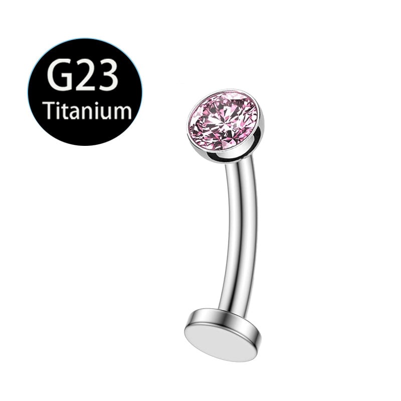 Nabas gredzens ar plakanu dibenu un izliektu stieni, cirkonija ielikums, titāna G23 materiāls