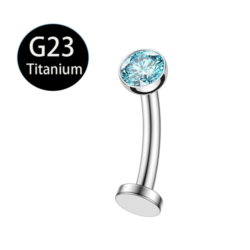 Nabas gredzens ar plakanu dibenu un izliektu stieni, cirkonija ielikums, titāna G23 materiāls