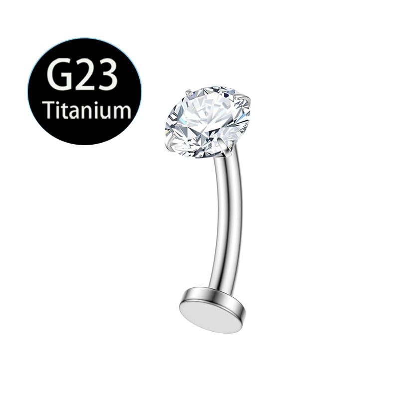 Nabas gredzens ar plakanu dibenu un izliektu stieni, cirkonija ielikums, titāna G23 materiāls