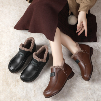 Γυναικείες χειμωνιάτικες μπότες με γνήσιο δέρμα στο άνω μέρος, επένδυση από συνθετική γούνα, χαμηλό ύψος αστραγά, τακούνι 1-3 cm, αντιολισθητική σόλα από καουτσούκ