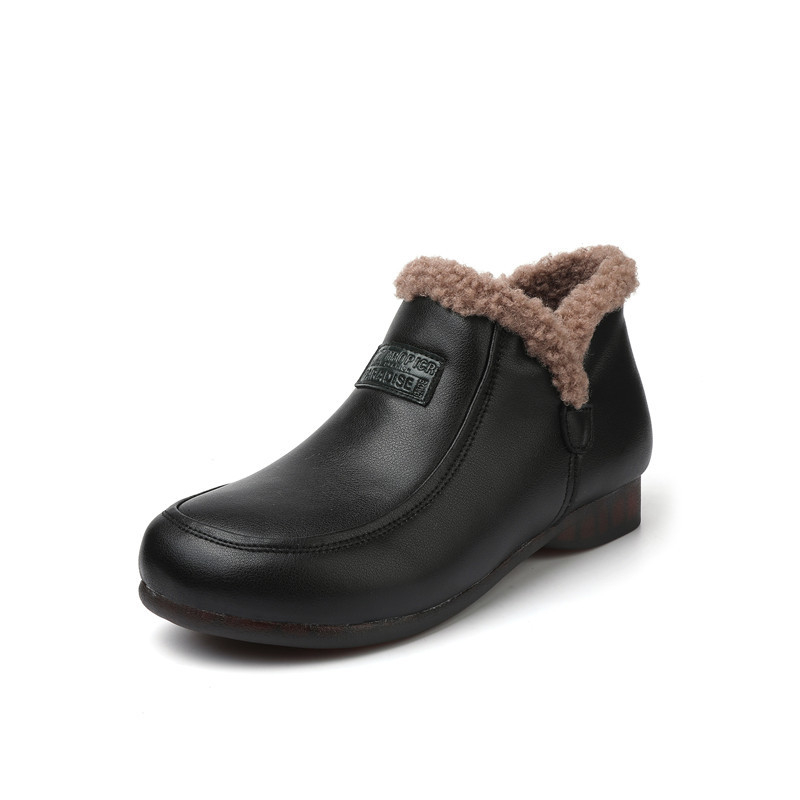 Γυναικείες χειμωνιάτικες μπότες με γνήσιο δέρμα στο άνω μέρος, επένδυση από συνθετική γούνα, χαμηλό ύψος αστραγά, τακούνι 1-3 cm, αντιολισθητική σόλα από καουτσούκ