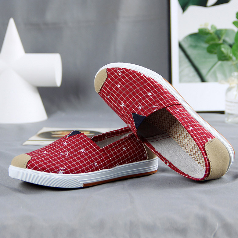 Γυναικεία καμβά παπούτσια σε στυλ Old Beijing, επάνω μέρος από καμβά, καρό σχέδιο, διαπνέοντα, καουτσούκ σόλα, χαμηλό κόψιμο