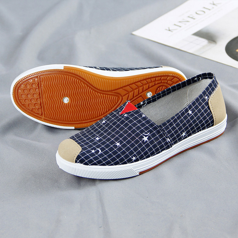 Γυναικεία καμβά παπούτσια σε στυλ Old Beijing, επάνω μέρος από καμβά, καρό σχέδιο, διαπνέοντα, καουτσούκ σόλα, χαμηλό κόψιμο