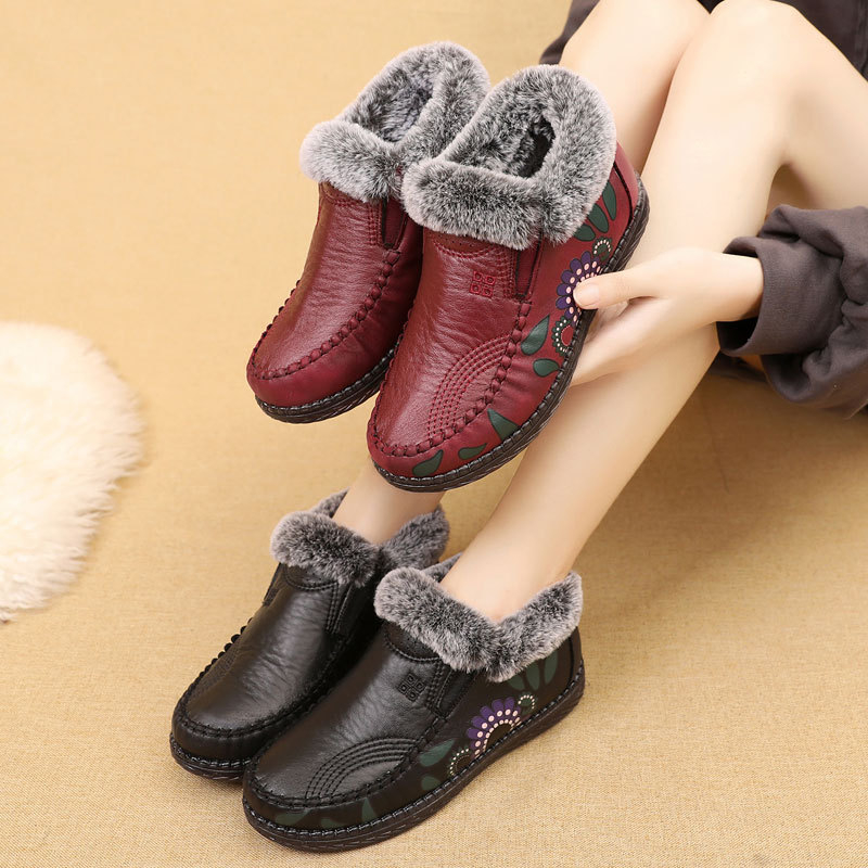 Γυναικεία χειμερινά παπούτσια από βαμβάκι με επάνω μέρος από μικροϊνες, σόλα PU, επένδυση με τεχνητή γούνα, αντιολισθητικά και αδιάβροχα, λουλουδάτος σχεδιασμός