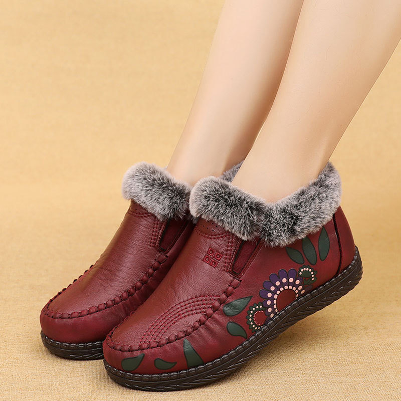 Γυναικεία χειμερινά παπούτσια από βαμβάκι με επάνω μέρος από μικροϊνες, σόλα PU, επένδυση με τεχνητή γούνα, αντιολισθητικά και αδιάβροχα, λουλουδάτος σχεδιασμός