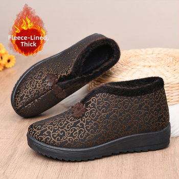 Γυναικεία χειμωνιάτικα παπούτσια από βαμβάκι με επένδυση τεχνητής γούνας, χαμηλό πάνω μέρος, στρογγυλή μύτη, καουτσούκ σόλα, φλοράλ μοτίβο