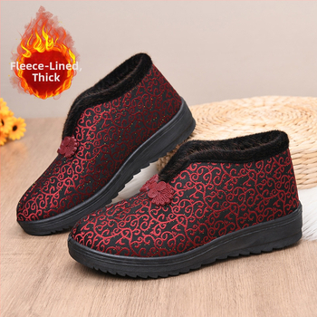 Γυναικεία χειμωνιάτικα παπούτσια από βαμβάκι με επένδυση τεχνητής γούνας, χαμηλό πάνω μέρος, στρογγυλή μύτη, καουτσούκ σόλα, φλοράλ μοτίβο